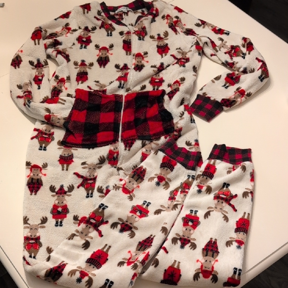 Cozy Red and White Pajama Onesie with Moose Design